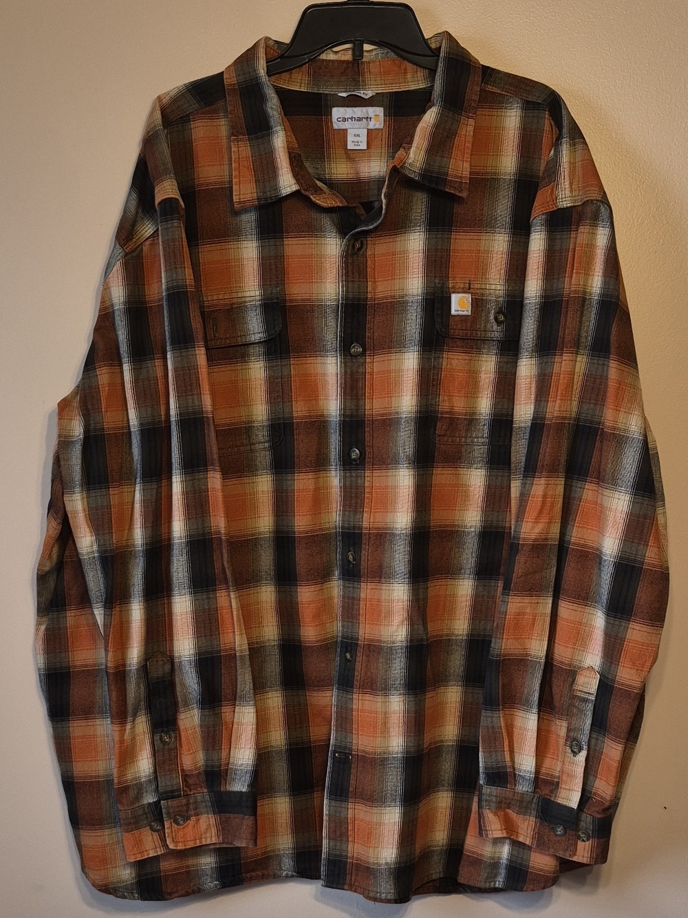 Carhartt Men's Orange Plaid Button-Up Flannel Shirt